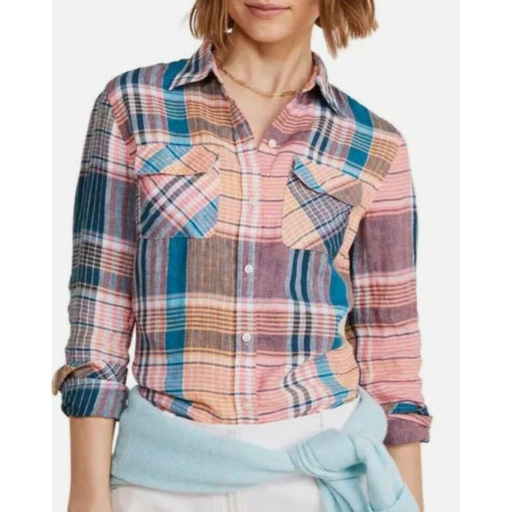 Vineyard Vines Womens 100% Linen Plaid Button-Up Long Sleeve Top Size 6 Preppy
